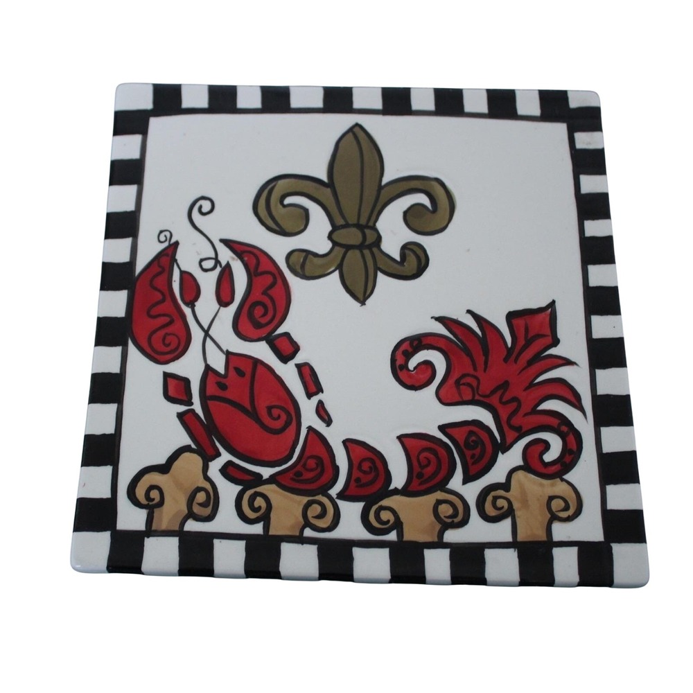 LB Original Lobster Fleur de Lis Decorative Ceramic Tile Trivet‎ 8x8 Checkered